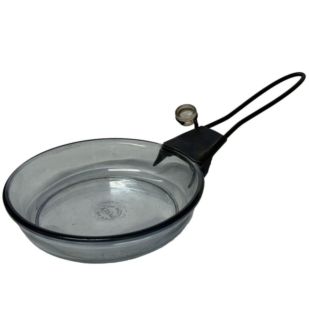 Vintage Pyrex Flameware 7" Glass Frying Pan Skillet Metal Handle 1940s